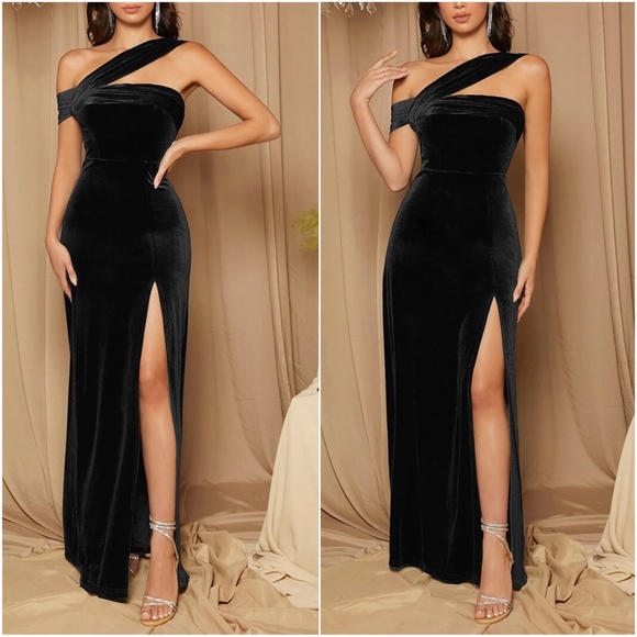 Luxurious One Shoulder Velvet Evening Wedding Formal Maxi Dress - Picture 3 of 4